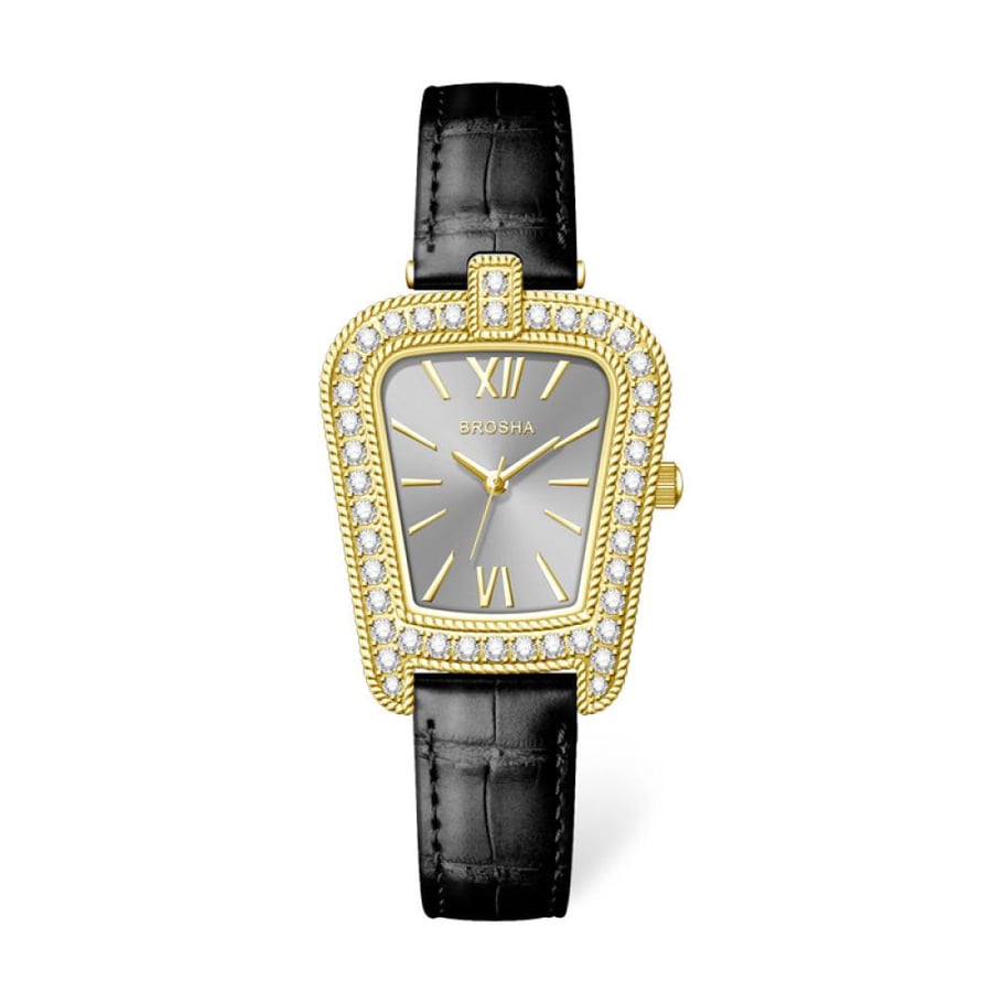 Prosha watch, gold, black leather