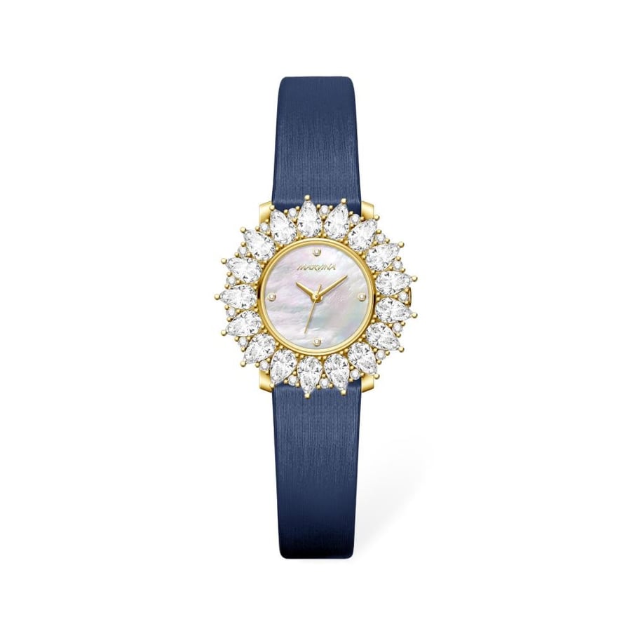 Women's watch MARVINA leather navy blue mother-of-pearl inlay zircon stones
