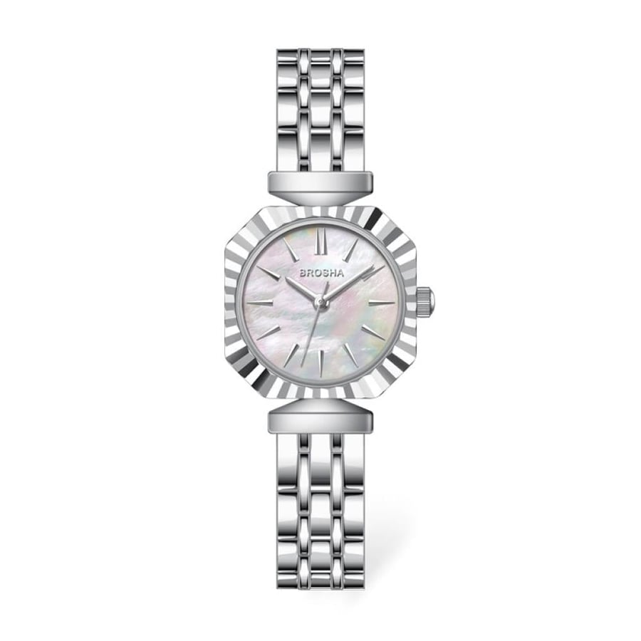 A luxurious women's watch from BROSHA with a silver metal bracelet and a mother-of-pearl dial
