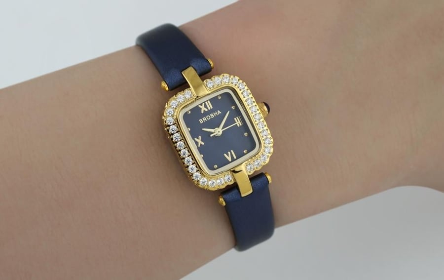 Women's Brosha watch, leather, navy blue and gold