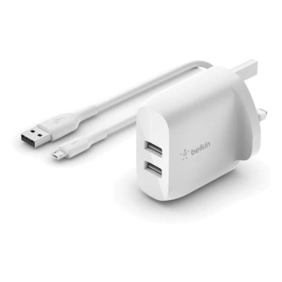 Wall mount with two USB ports and iPhone charging cable, black