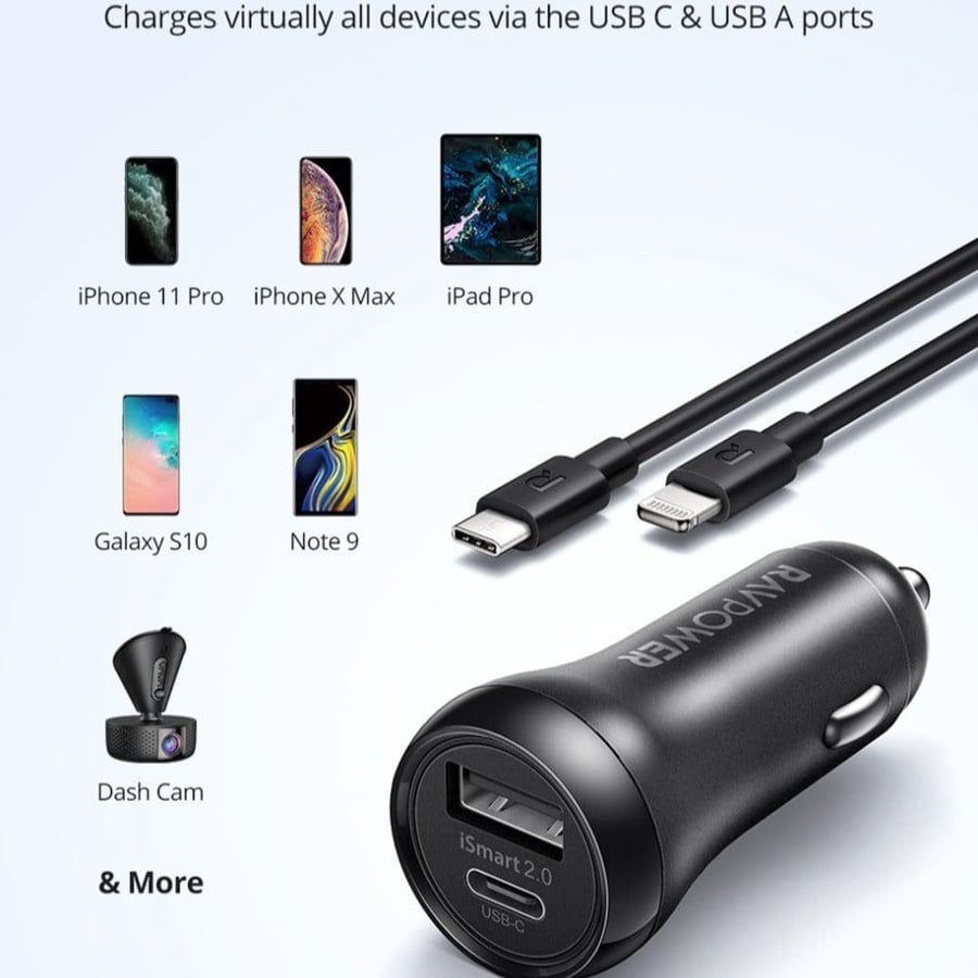 Car charger with USB+PD ports and iPhone cable, Tab S C 36W - RAVPower