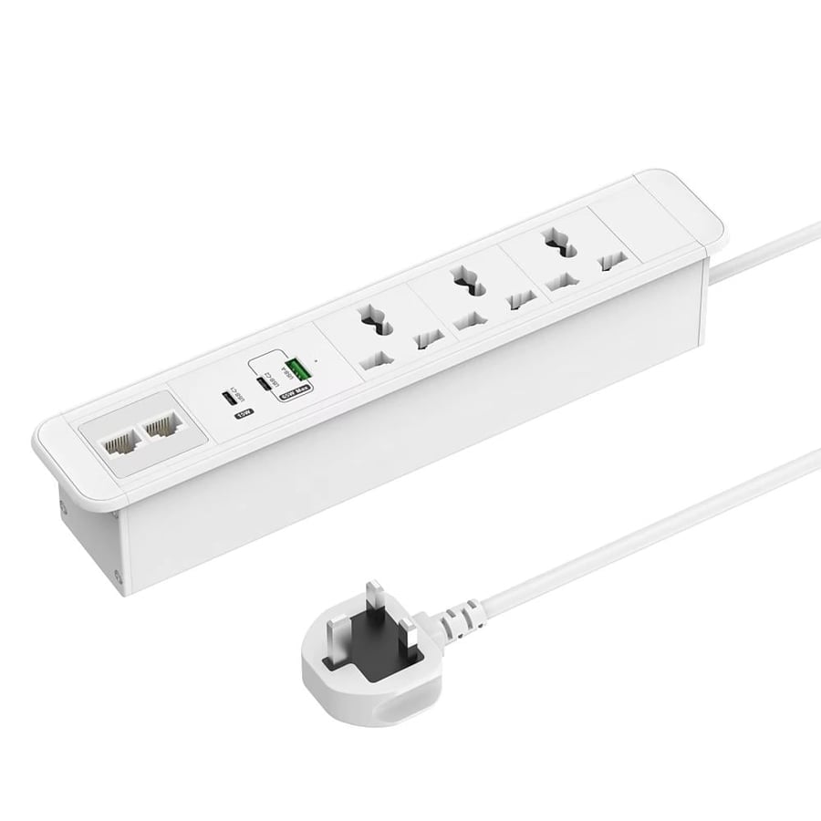 Desktop PDU with 3 UK sockets and 65W fast charging on desk