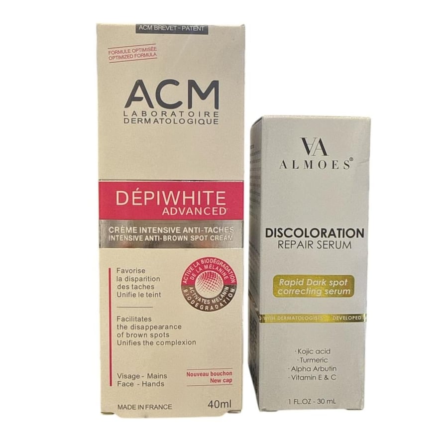 مجموعة تفتيح الركب والأكواع المكثفة | كريم ACM Depiwhite + سيروم VA ALMOES لإزالة التصبغات