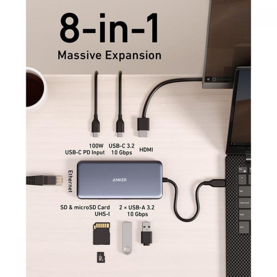 موزع متعدد المنافذ 8 في 1 انكر بمنفذين USB-A ومنفذين USB-C، منفذ HDMI، منفذ SD، منفذ Micro SD، منفذ Ethernet - رمادي