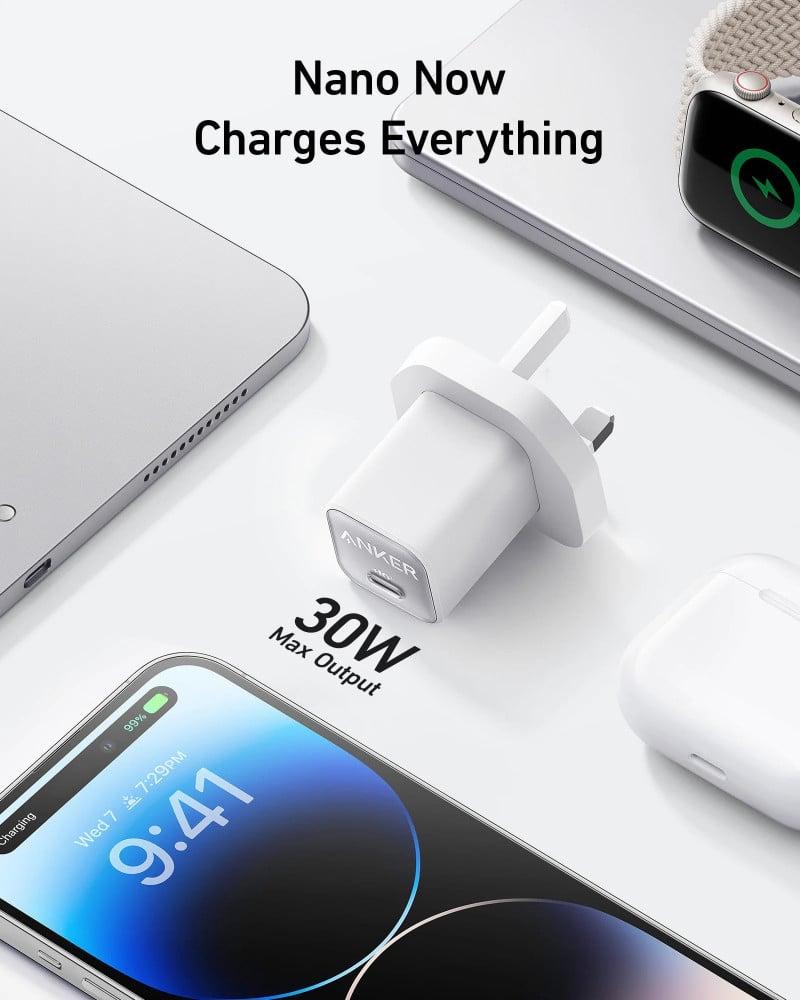 شاحن جداري نانو انكر بقوة 30 واط بمنفذ USB-C - ابيض