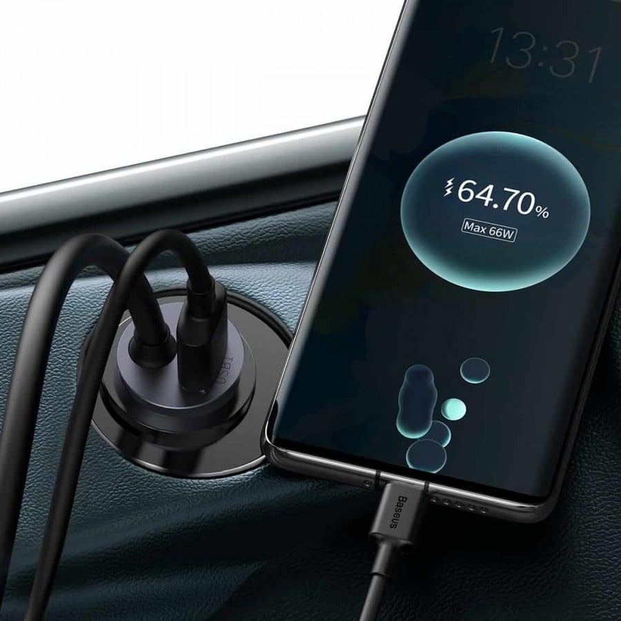 Car charger Baseus with extension cable for the rear seats, 120 watts power (3 USB ports and Type-C port) - Grey