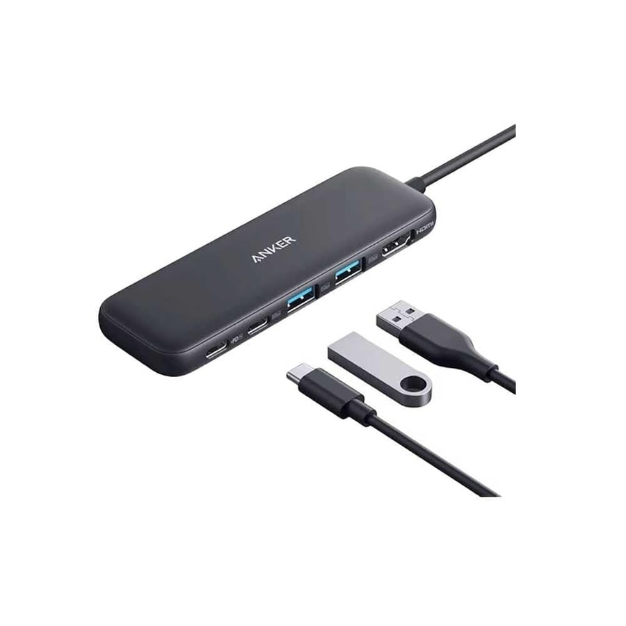 موزع متعدد المنافذ انكر 5 في 1 بمنفذين USB-A، منفذ USB-C، منفذ HDMI، منفذ PD IN - رمادي