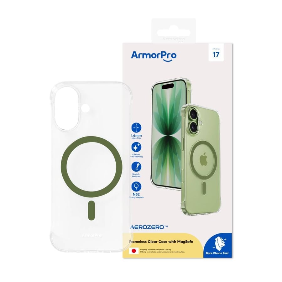 كفر آرمور برو (ArmorPro) لهاتف آيفون 17، تصميم بدون إطار، شفاف مع تقنية MagSafe - لون أخضر