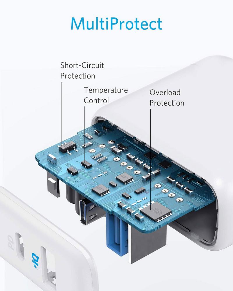 شاحن جداري انكر باور بورت بقوة 35 واط بمنفذين USB-C و USB-A - ابيض