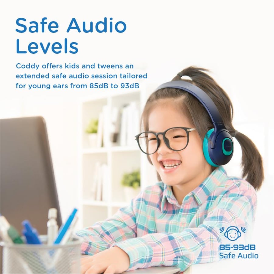 بروميت سماعة رأس بلوتوث للأطفال مع تقنية SafeAudio للتحكم في مستوى الصوت وميكروفون مزدوج لمكالمات واضحة، وقت تشغيل يصل إلى 20 ساعة مع منفذ AUX من Promate Coddy
