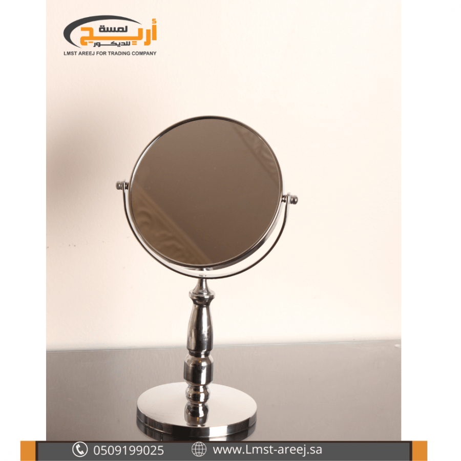 A double-sided moving mirror, stainless steel, with a heavy-duty base