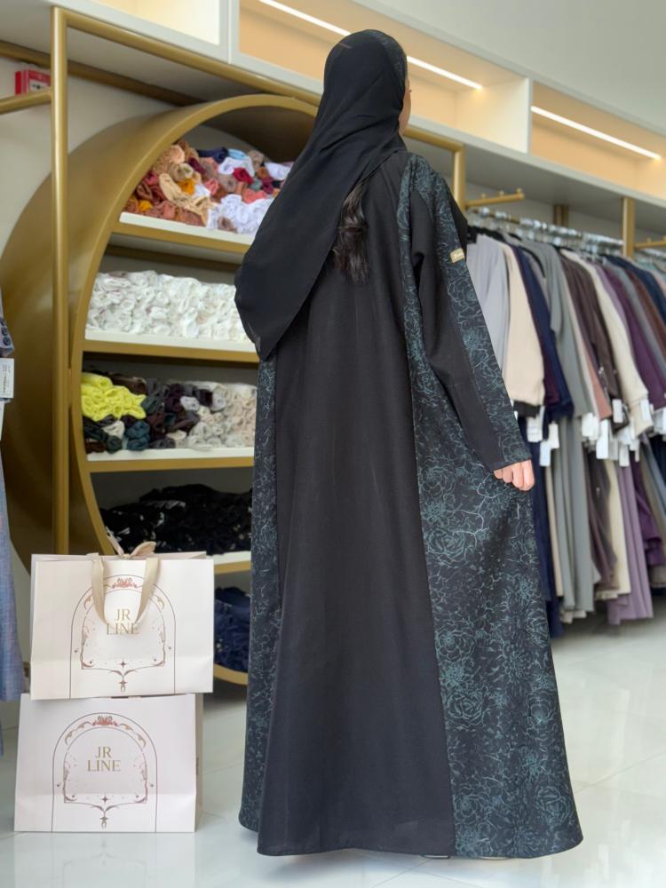 عباية اسيله بقماش كريب الاناقة تدخيلات جاكار  زيتي