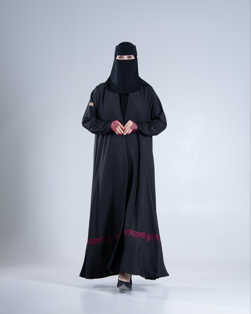 عباية لارا بقماش كرز مزين بدانتل عنابي