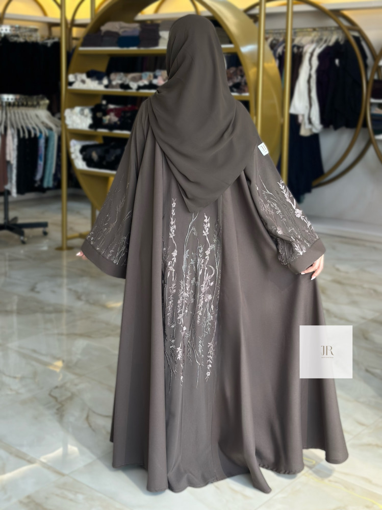 New summer | Crepe abaya, elegance, embroidered, double flared - light brown
