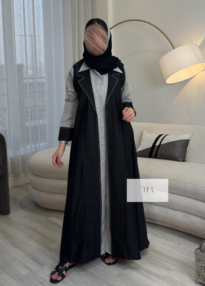 عباية ود  l بقماش لنن اسود تدخيلات لنن ملون - تيفاني فاتح