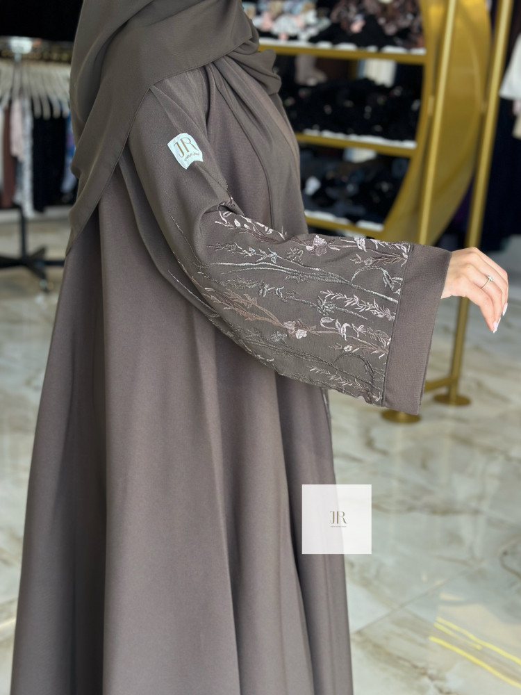 New summer | Crepe abaya, elegance, embroidered, double flared - light brown