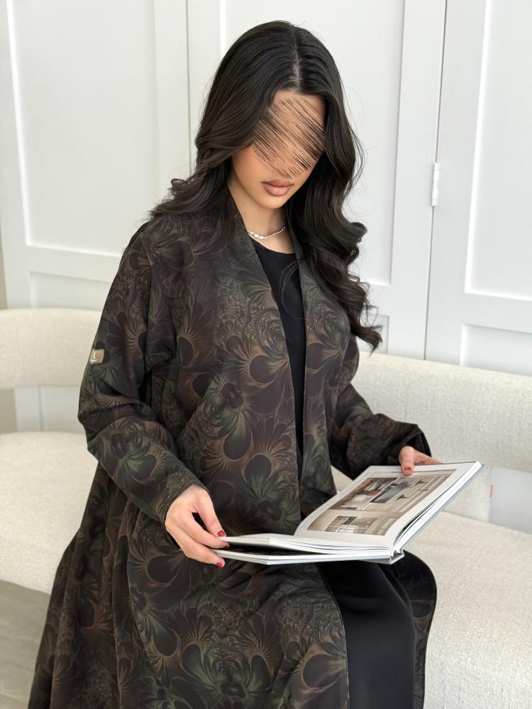 عباية مسك بقماش حرير تركي زيتي