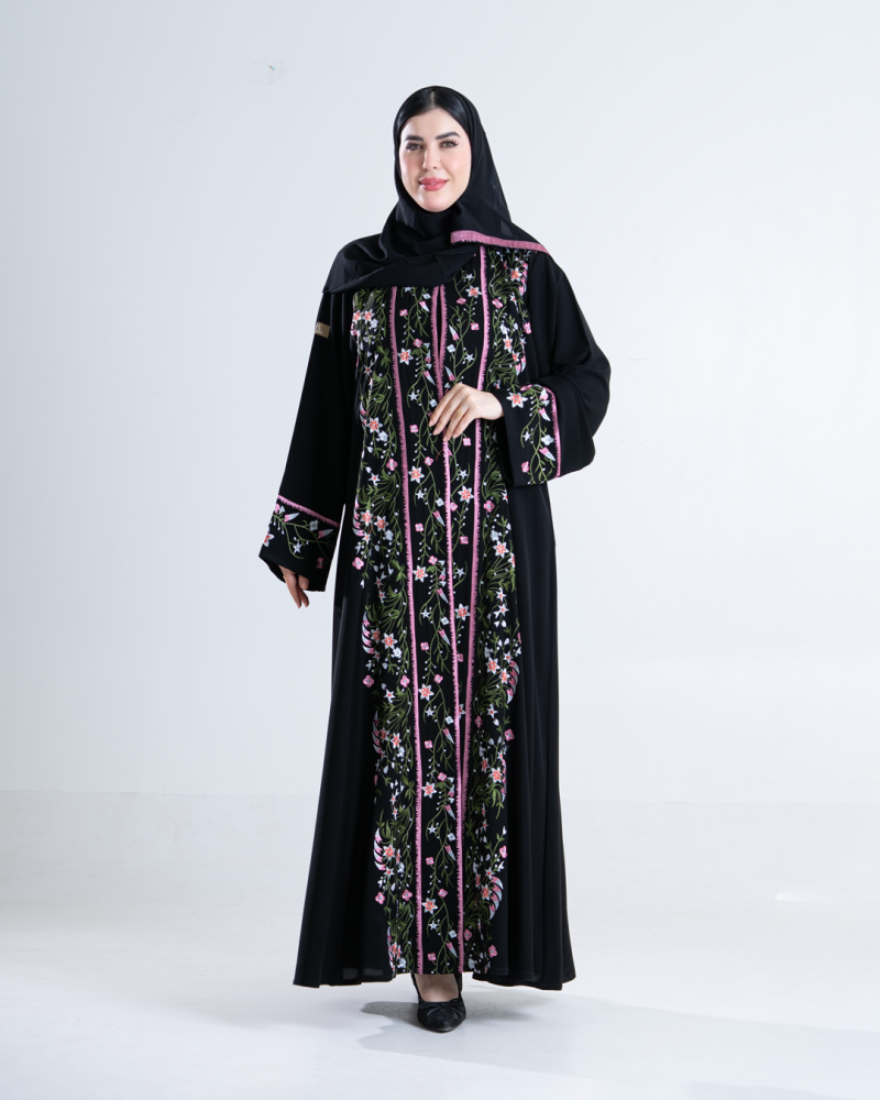 عباية سيلا بقماش كريب ملكي بتطريز ورد