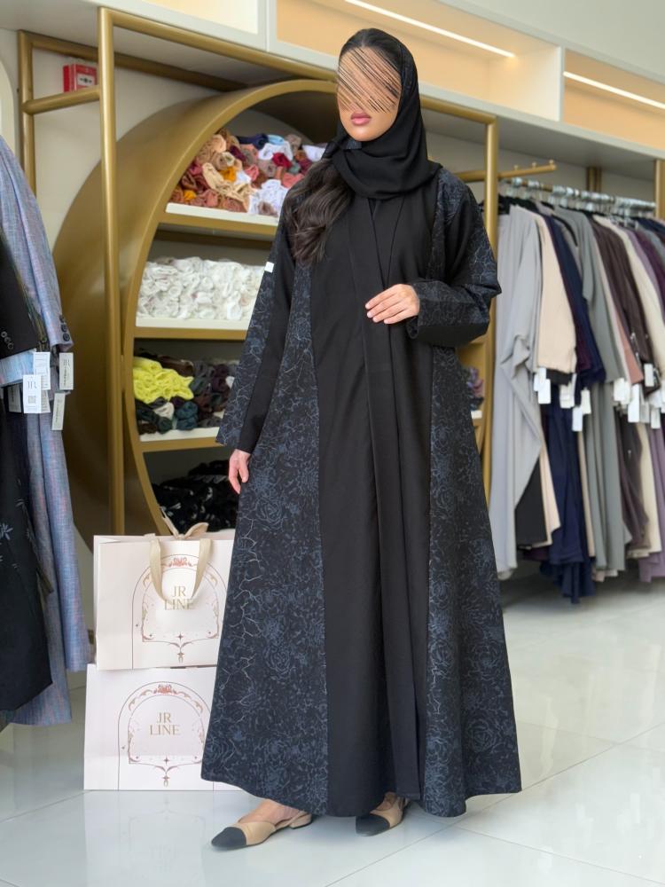 عباية اسيله بقماش كريب الاناقة تدخيلات جاكار كحلي