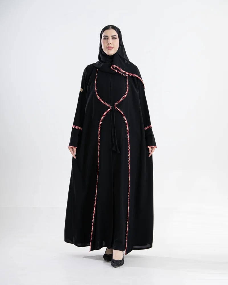 عباية ايلول بقماش كريب ملكي مزين بكلفه برغندي