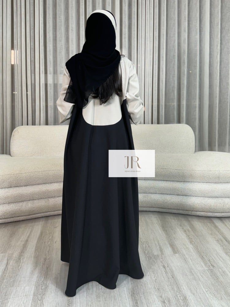 عباية حوراء بقماش كريب الاناقة تدخيلات بيج  1