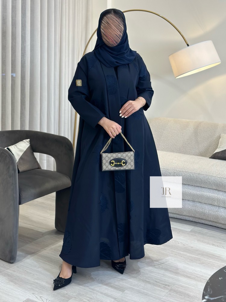 عباية زمردة l الاناقة دبل كلوش بتطريز اوراق شجر - كحلي