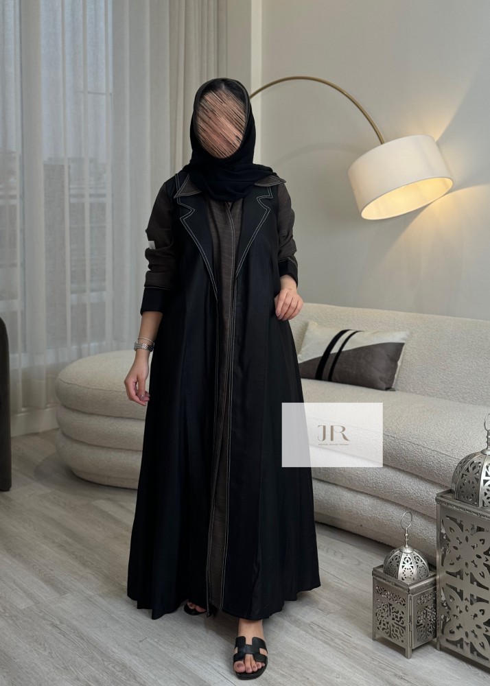 عباية ود  l بقماش لنن اسود تدخيلات لنن ملون - بني