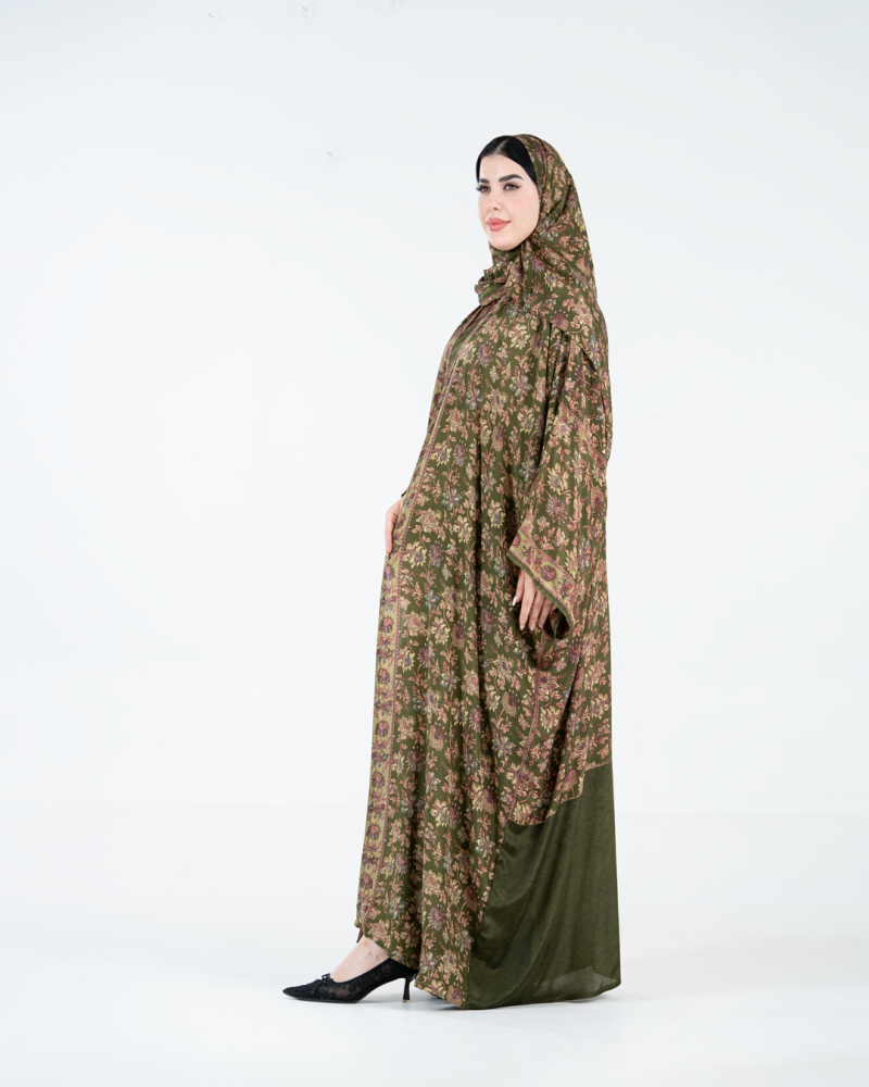 عباية زهره بقماش حرير برسم زيتي