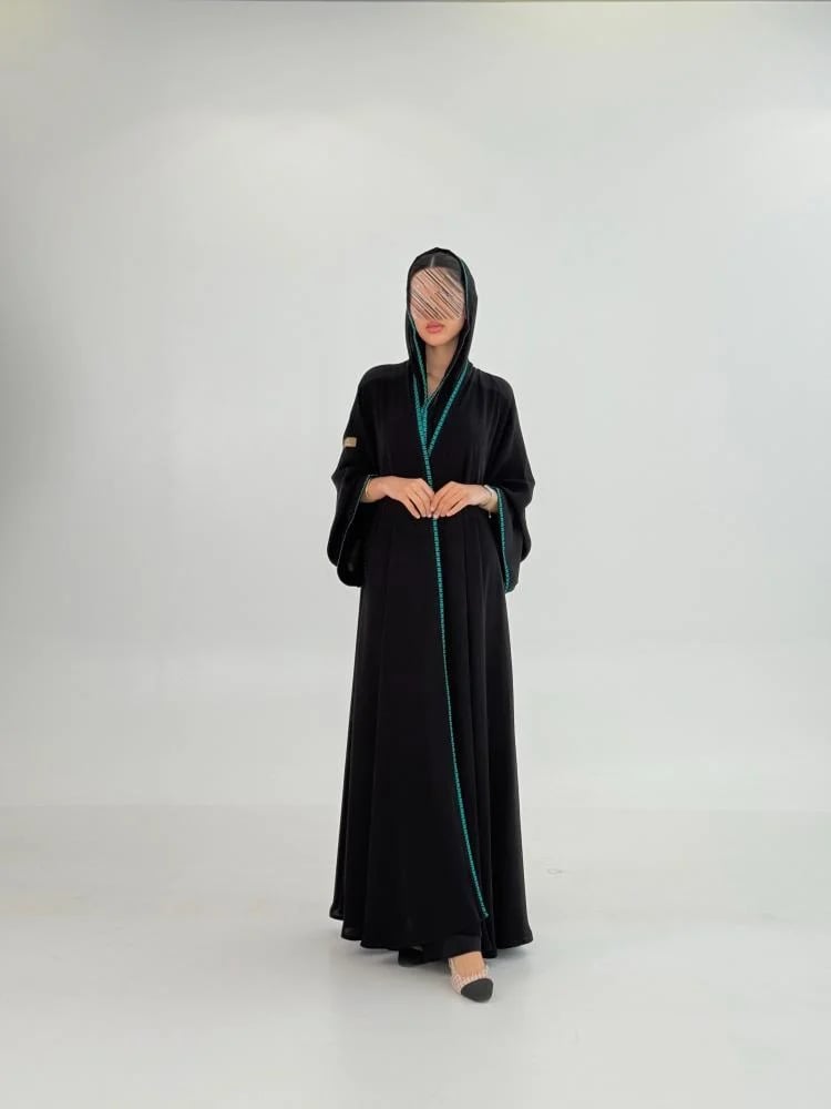 عباية سلطانه بقماش  انترنت كويتي بتطريز ناعم تركواز