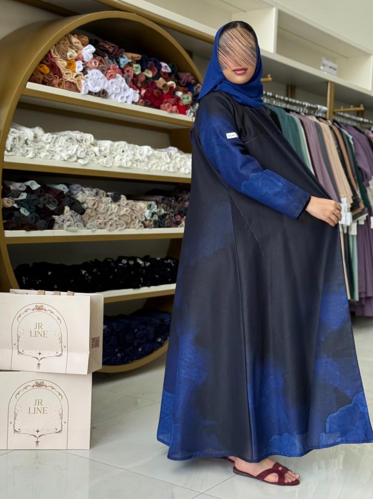 عباية تاينا بقماش لنن برسم كحلي