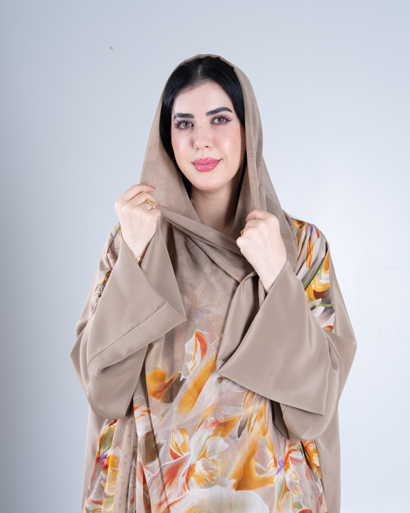 عباية فلوه بقماش روزا برسم ورد بيج