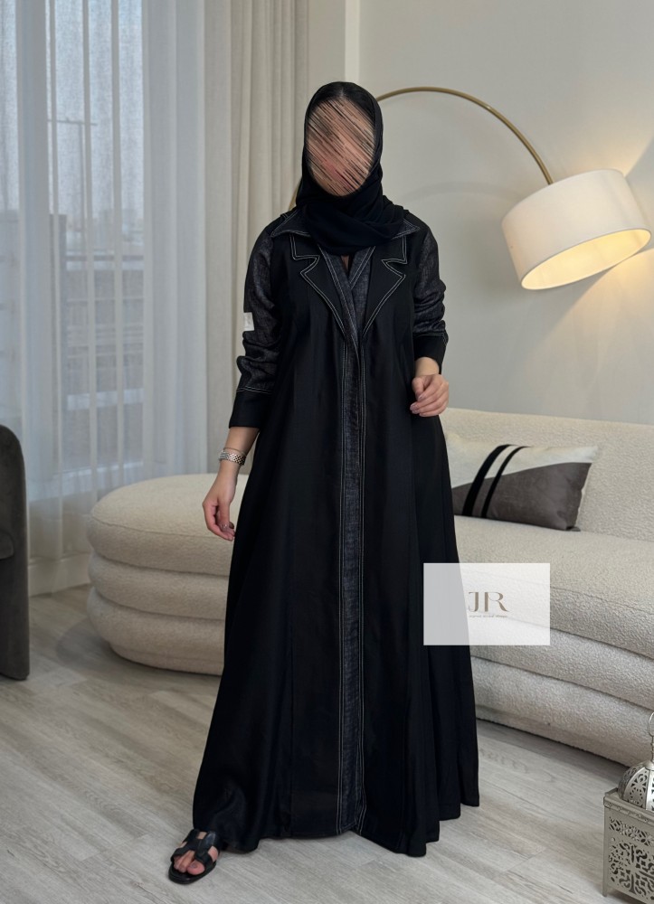 عباية ود  l بقماش لنن اسود تدخيلات لنن ملون - اسود