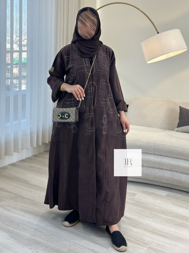 عباية شهد l بقماش شامواه تطريز مربعات انيقه - بني