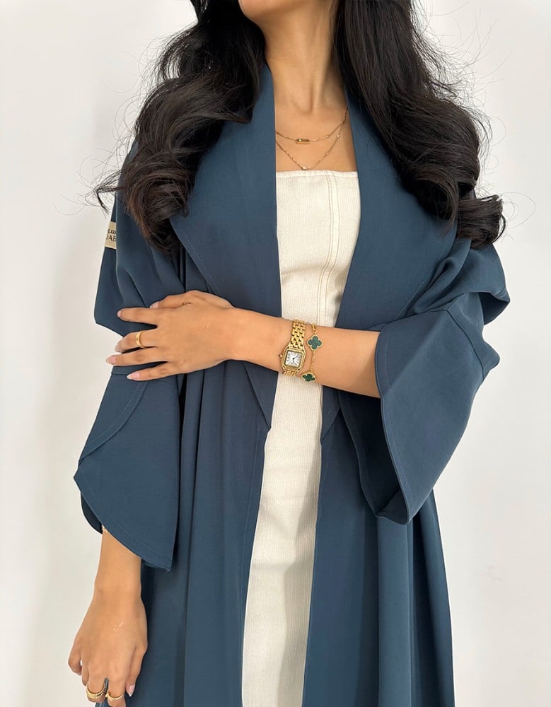 Turquoise crepe abaya with flared design and collar