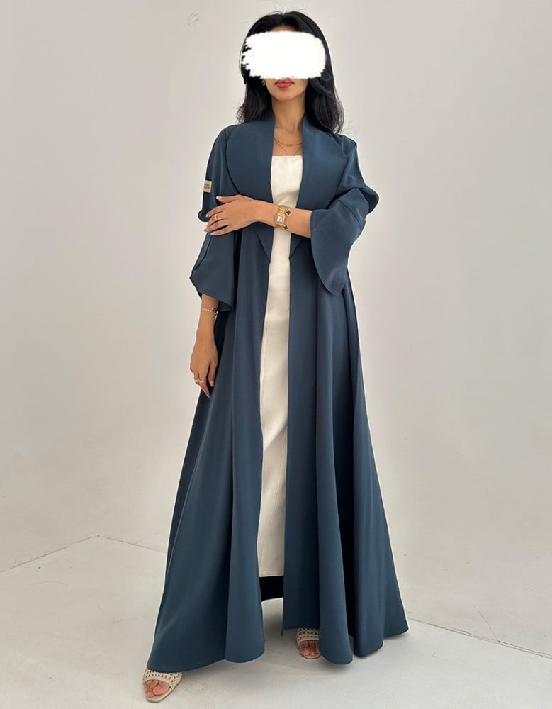 Turquoise crepe abaya with flared design and collar