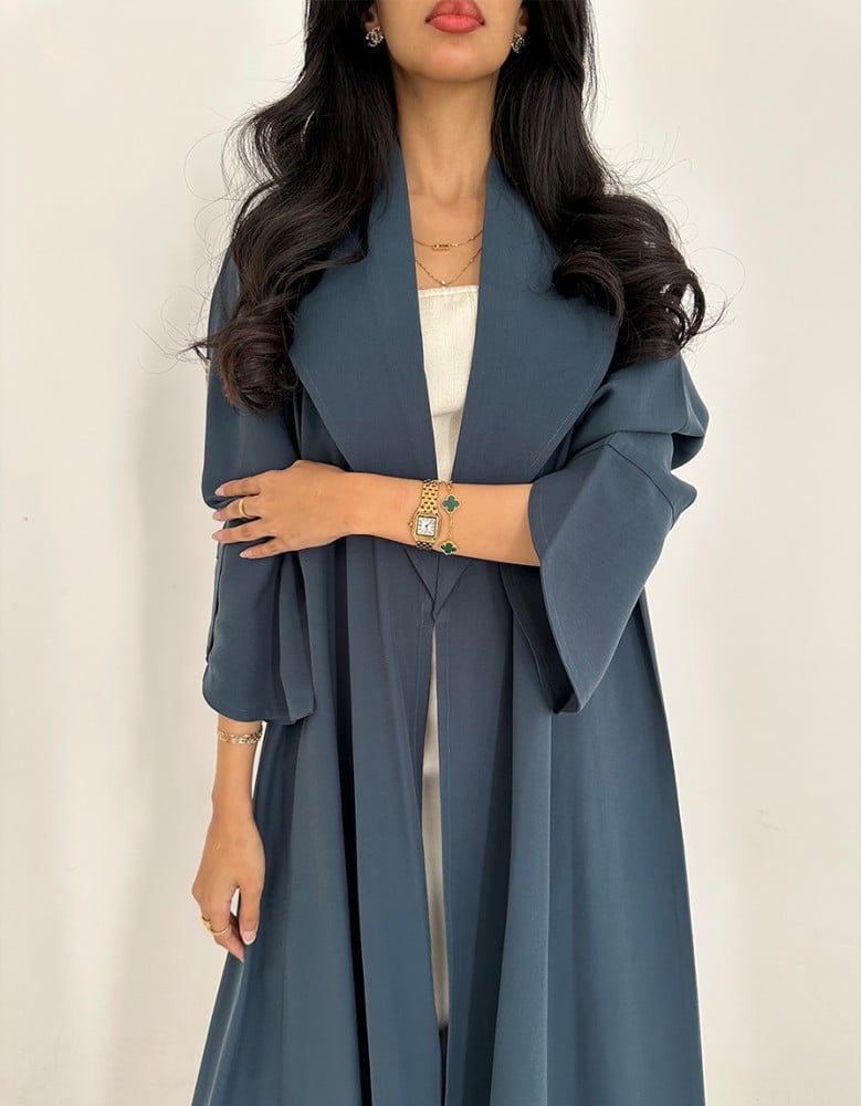 Turquoise crepe abaya with flared design and collar