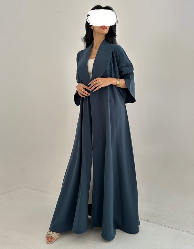 Turquoise crepe abaya with flared design and collar