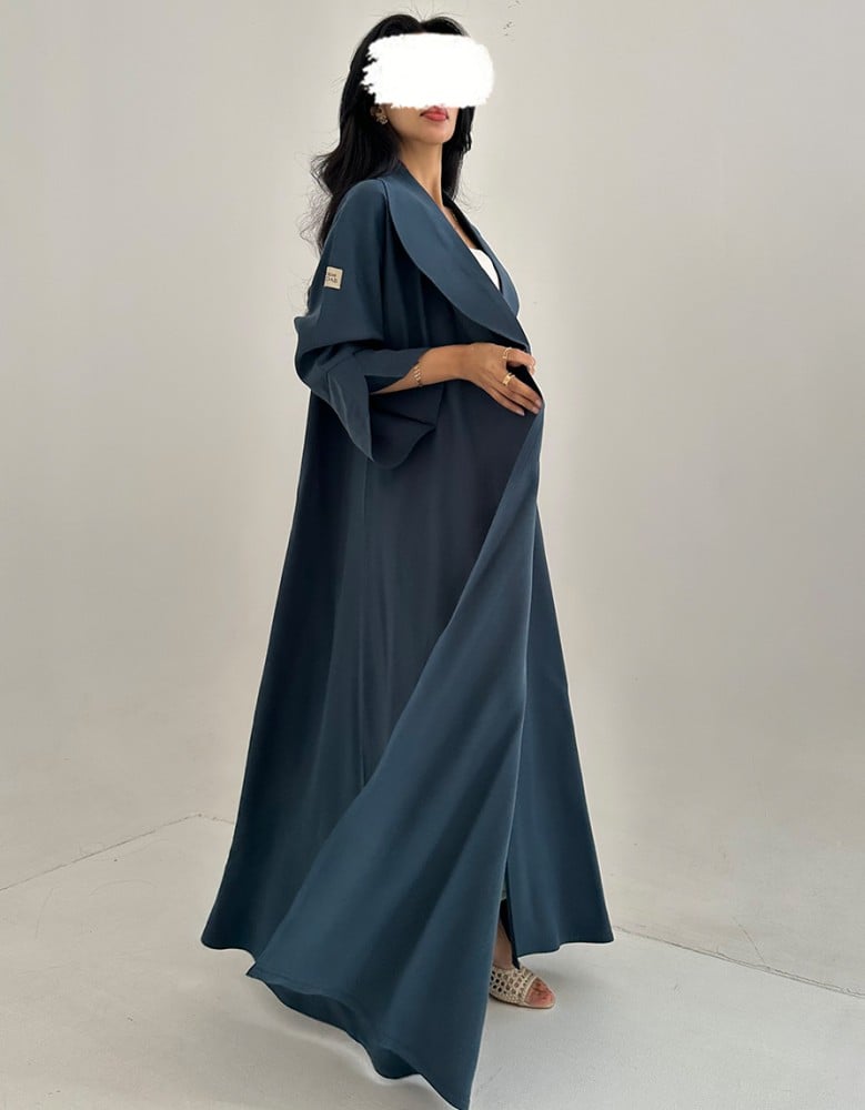 Turquoise crepe abaya with flared design and collar