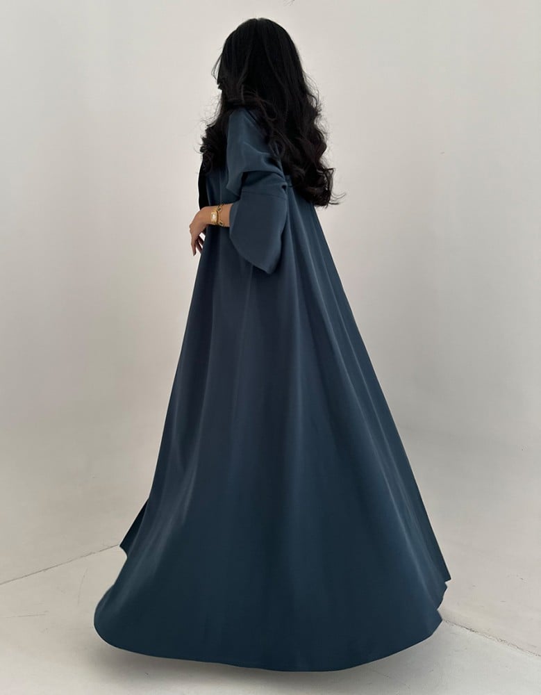Turquoise crepe abaya with flared design and collar