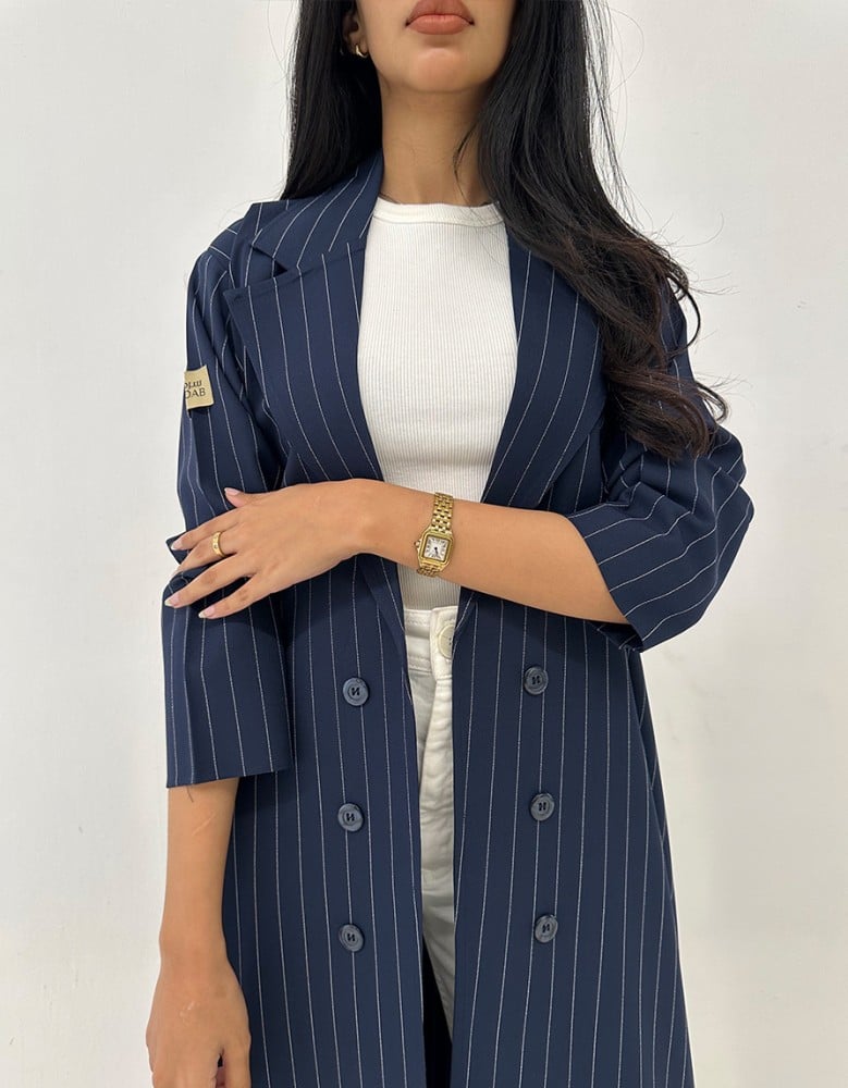 Navy blue blazer with street story pattern
