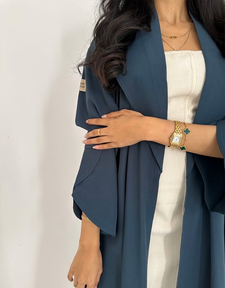 Turquoise crepe abaya with flared design and collar