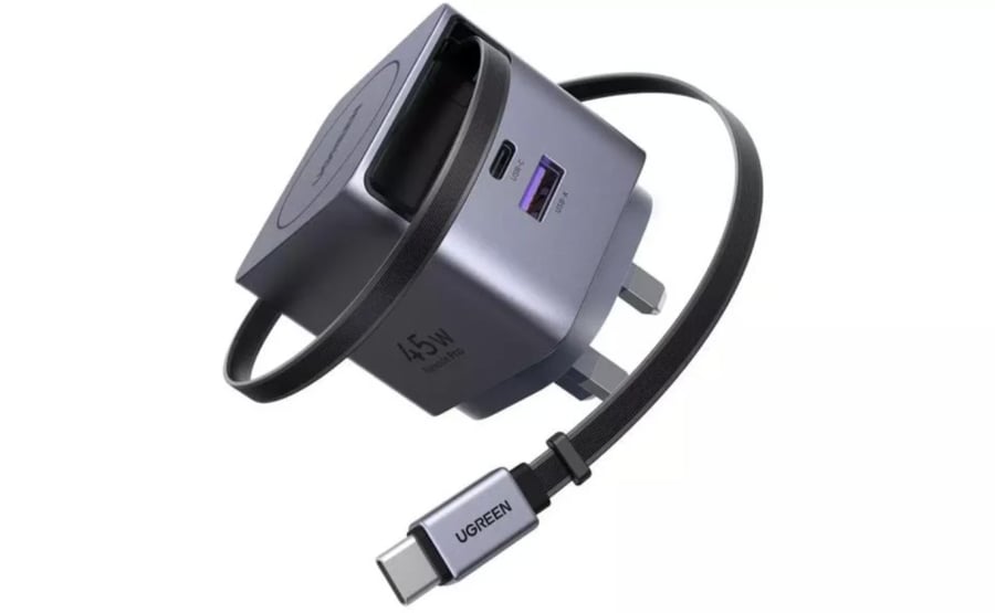 يوجرين - شاحن جداري Nexode Pro بقوة 45 واط مع كابل USB-C قابل للسحب - رمادي
