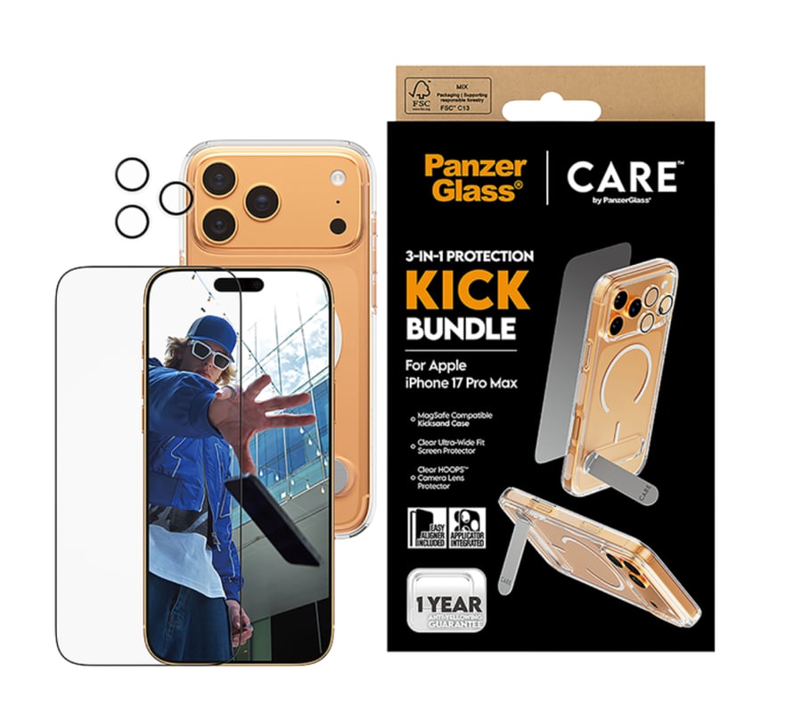 بكج حماية بانزر جلاس CARE يدعم MagSafe وحامل مميز 3 في 1 ايفون 17  - شفاف