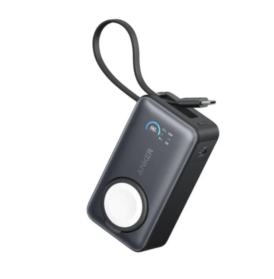 انكر - بطارية MagGo بسعة 10,000mAh بقوة 35W تدعم شحن ساعة ابل مع كيبل مدمج Type-C ومنفذ USB-C - اسود