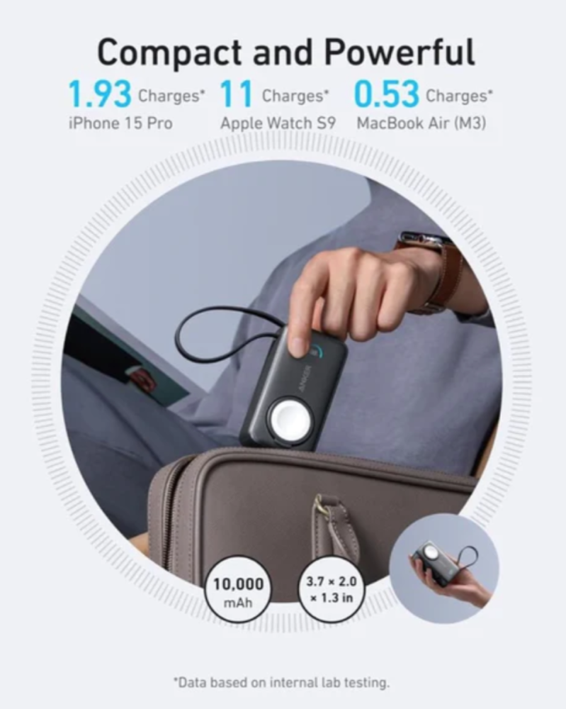 انكر - بطارية MagGo بسعة 10,000mAh بقوة 35W تدعم شحن ساعة ابل مع كيبل مدمج Type-C ومنفذ USB-C - اسود