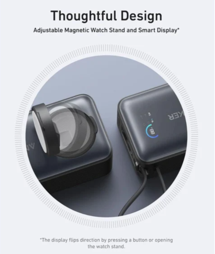 انكر - بطارية MagGo بسعة 10,000mAh بقوة 35W تدعم شحن ساعة ابل مع كيبل مدمج Type-C ومنفذ USB-C - اسود