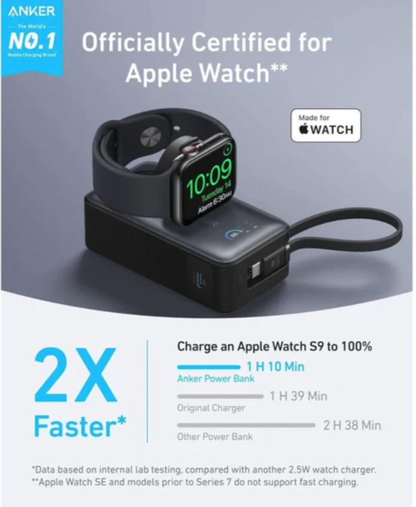 انكر - بطارية MagGo بسعة 10,000mAh بقوة 35W تدعم شحن ساعة ابل مع كيبل مدمج Type-C ومنفذ USB-C - اسود