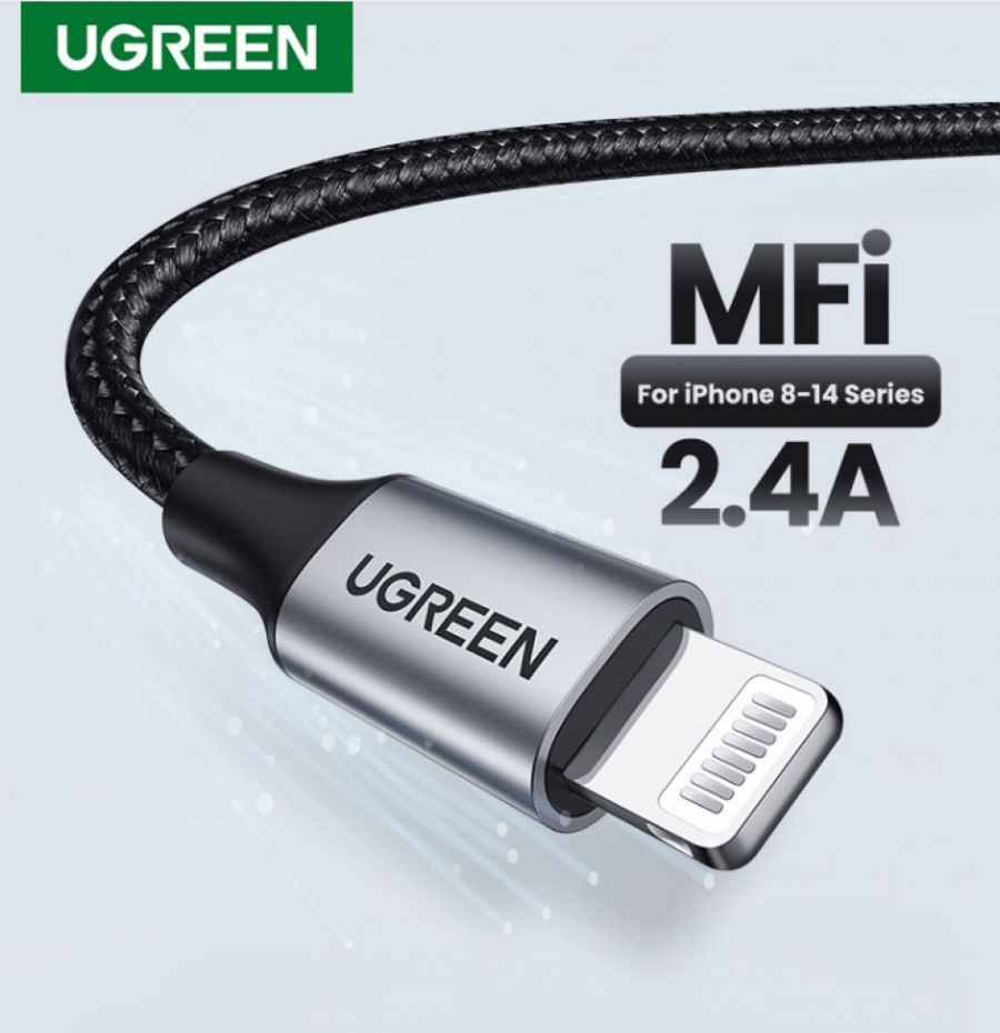 = سلك شاحن يوجرين نايلون مظفر USB إلى آيفون بطول 1 م - أسود