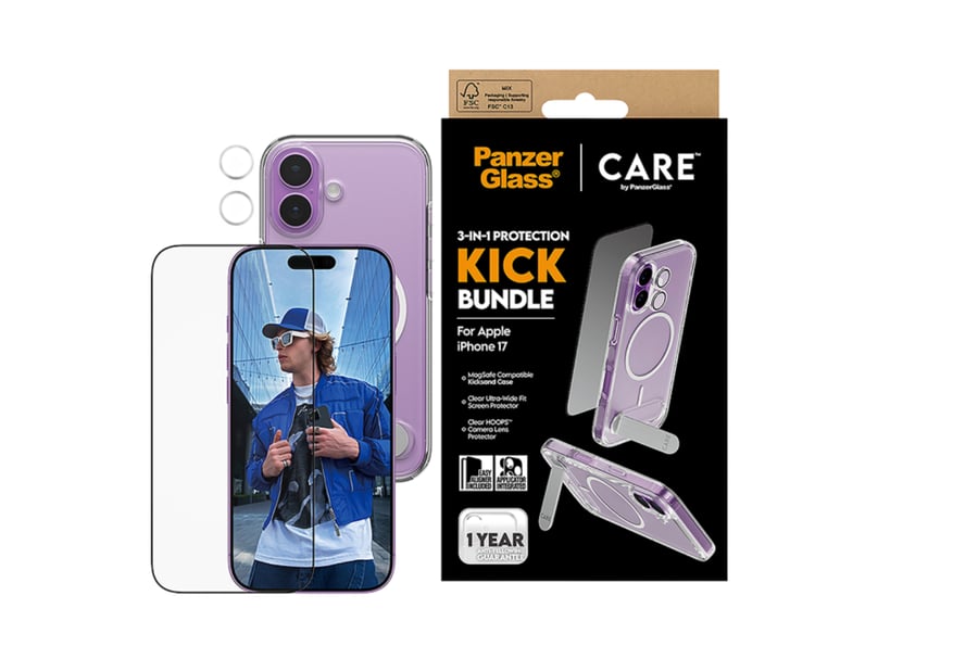 بكج حماية بانزر جلاس CARE يدعم MagSafe وحامل مميز 3 في 1 ايفون 17  - شفاف